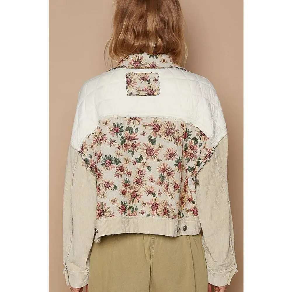 POL Quilted Corduroy Jacket Jacquard‎ Sz S Tapestry Grandma Cottage